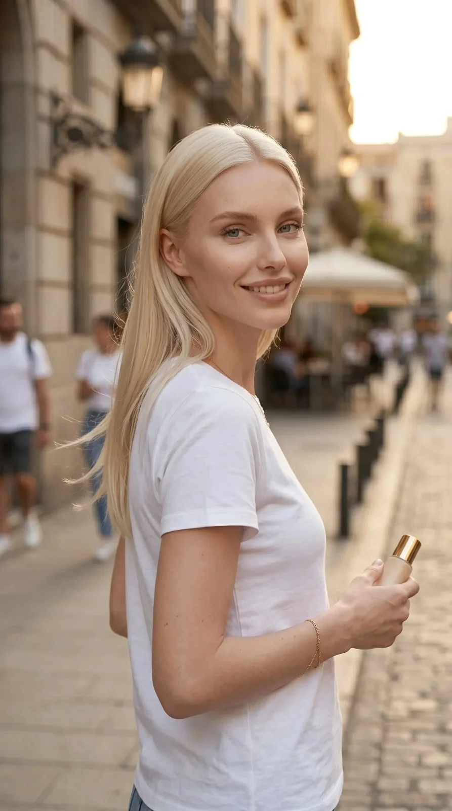 AI-generated beauty campaign model in an urban setting